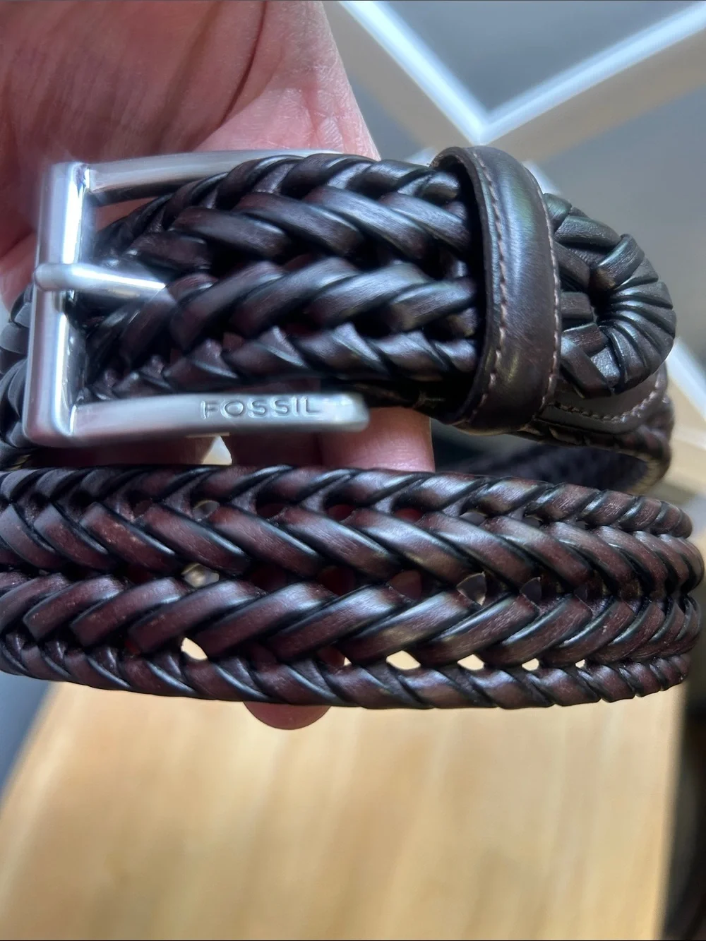 Like New Fossil Myles Brown Braided Leather Belt with Silver Buckle 85/34